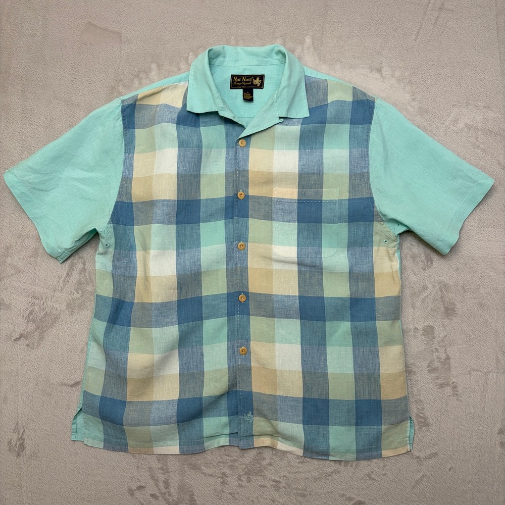 Nat Nast 100% Linen Checked Camp Collar Short Sleeve Shirt L beach lounge vented